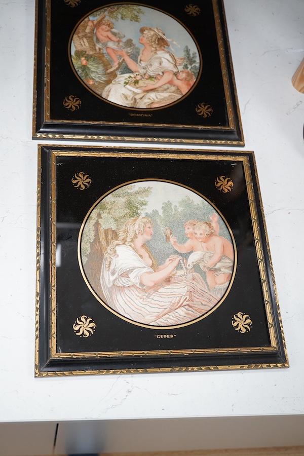 A pair of 19th century silk work embroideries depicting Ceres and Pomona, framed. Condition - fair to good